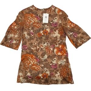 Burning Torch Women's Tunic Floral Leopard Brown Silk Small